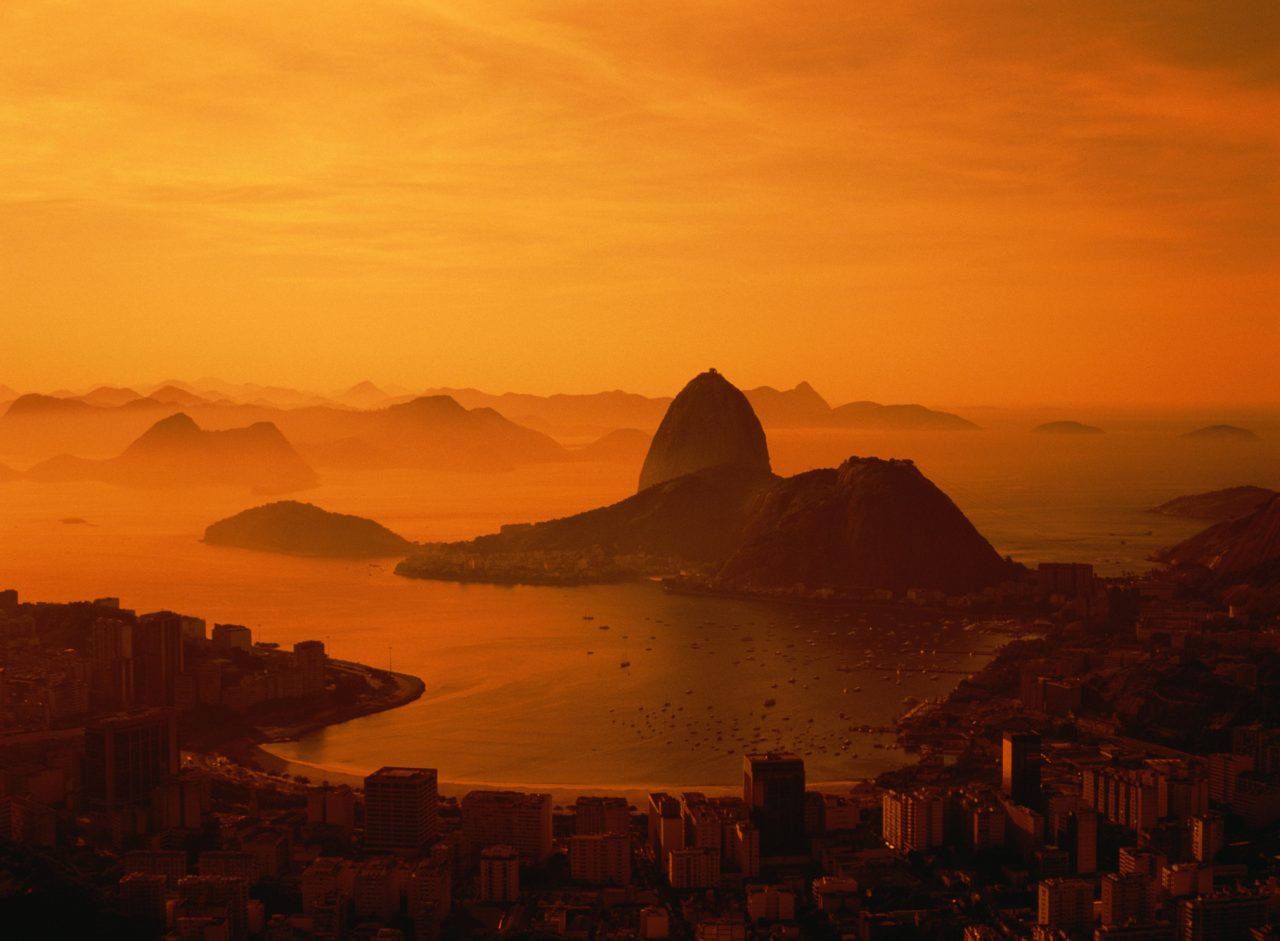 Brazil, Rio De Janiero, city and Sugarloaf Mountain at sunset